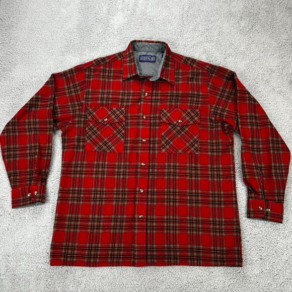 Shaver Lake Men Button Up Shirt Large Red Plaid Flannel Long Sleeve Collar - Picture 1 of 9